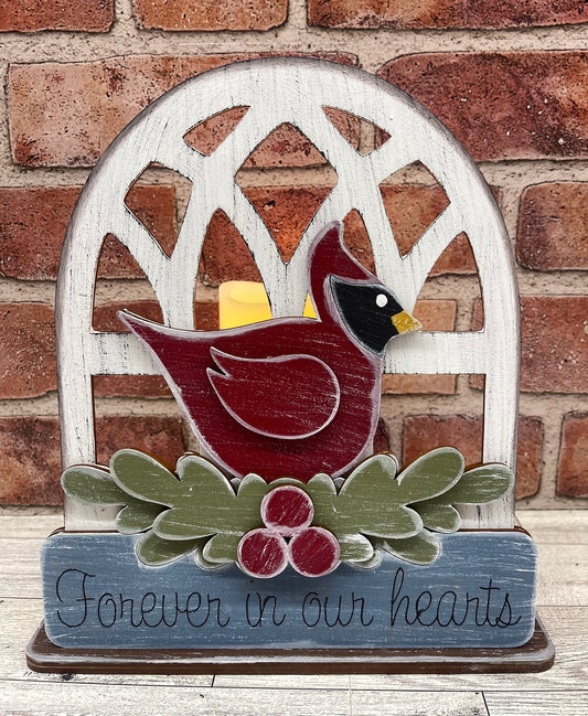 Cardinal stander- Forever in my Heart with or without large votive - unpainted wood cutouts, ready for you to paint