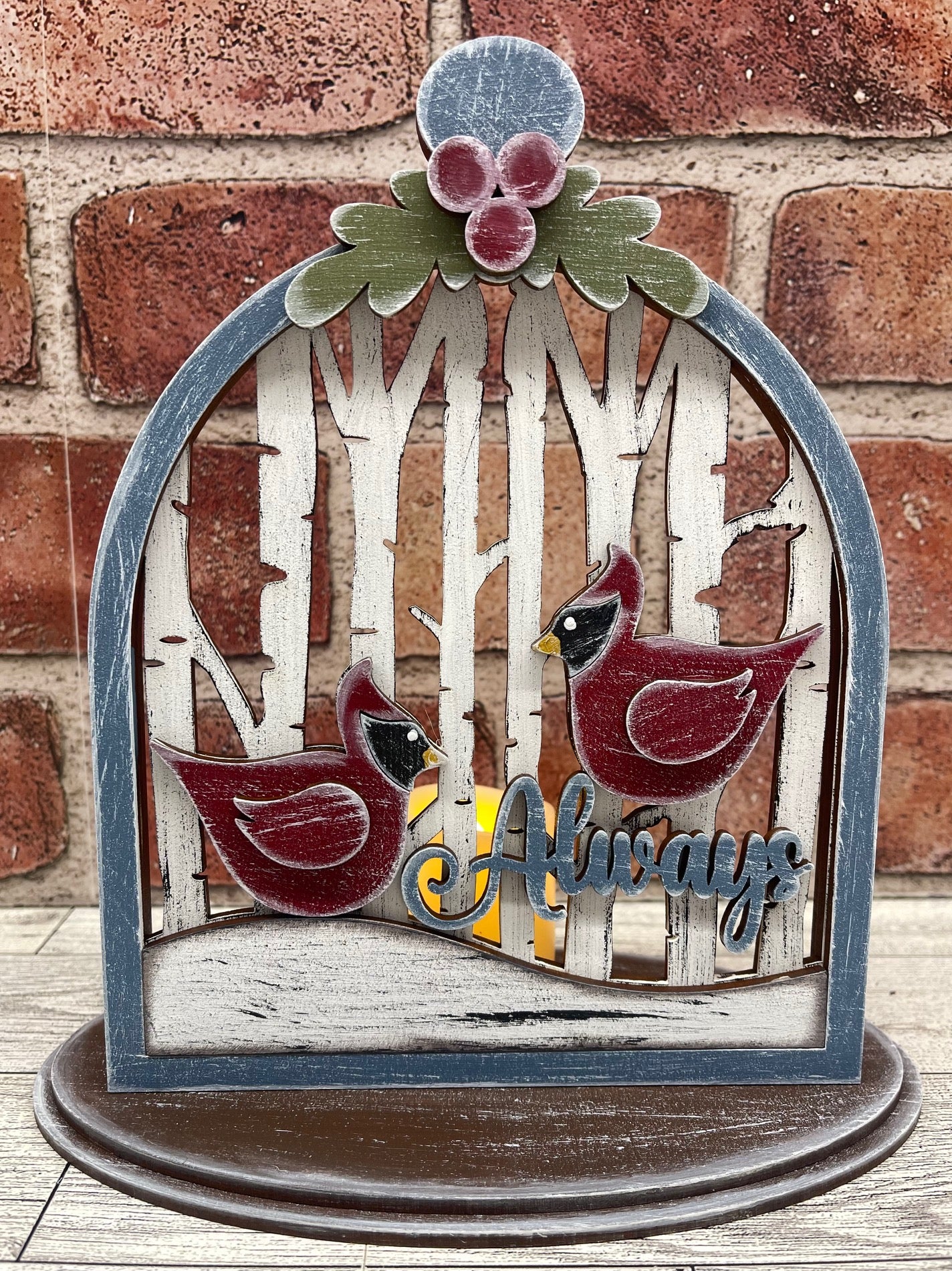 Cardinal stander with 2 cardinals - Always - includes small votive - unpainted wood cutouts, ready for you to paint