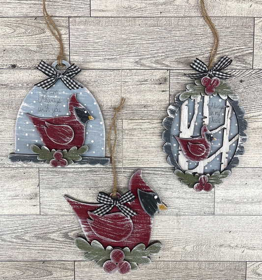 Cardinal Christmas Ornaments set of 3 - unpainted cutouts, ready for you to paint