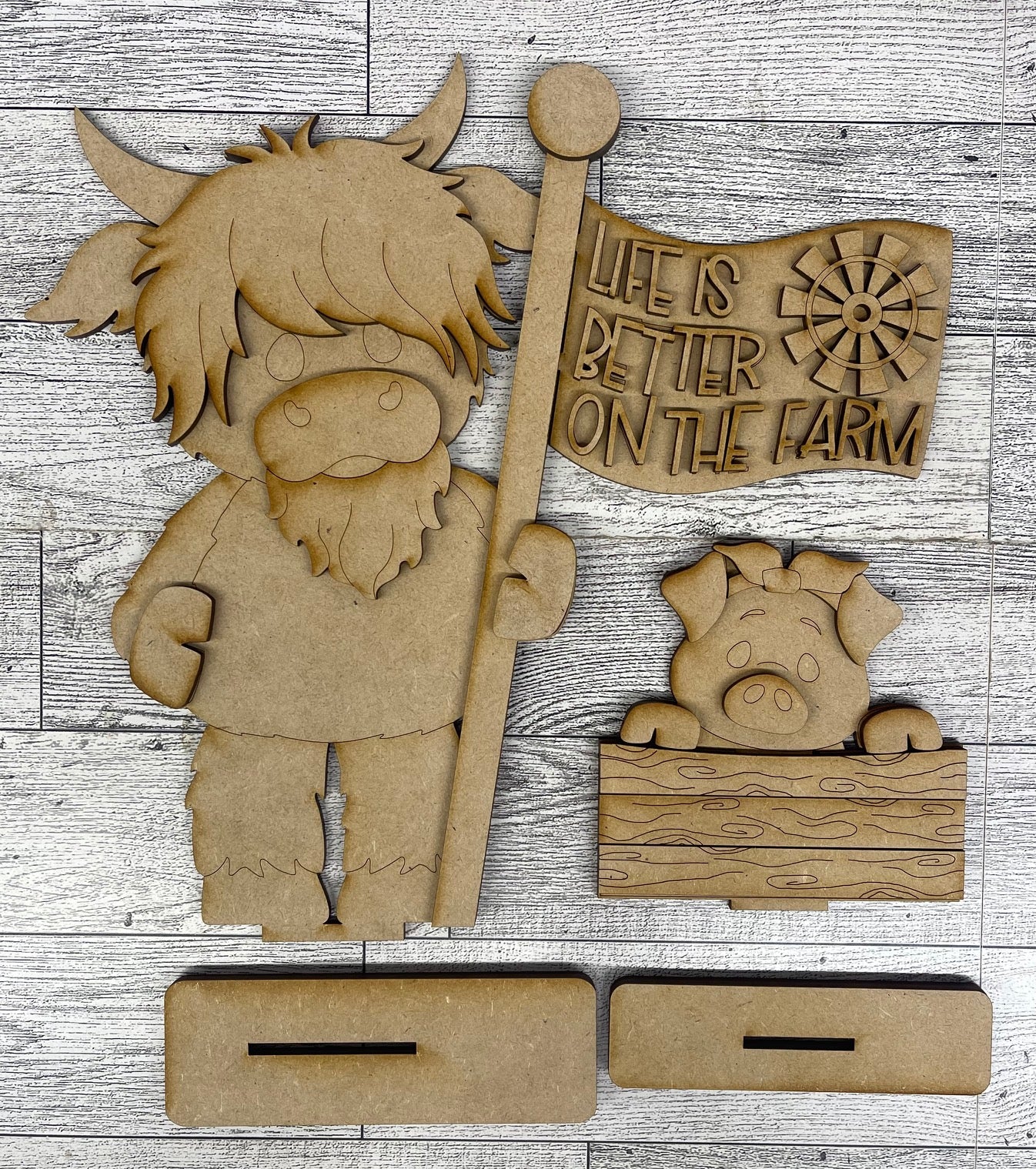 $12.00 Thursday - Highland Cow with 2 Changeable Flags and 2 Basket inserts and basket - unpainted cutouts ready for you to finish