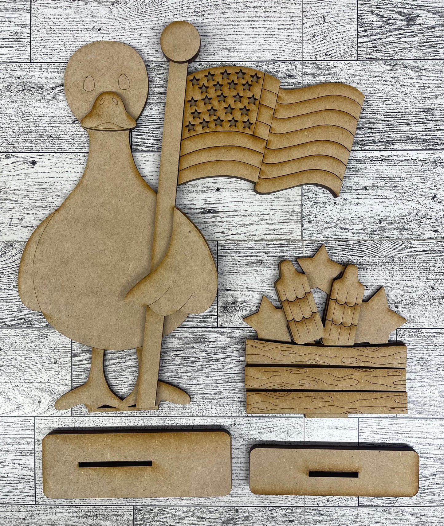 $12.00 Thursday - Goose with 2 Changeable Flags and 2 Basket inserts and basket painted cutouts ready for you to finish