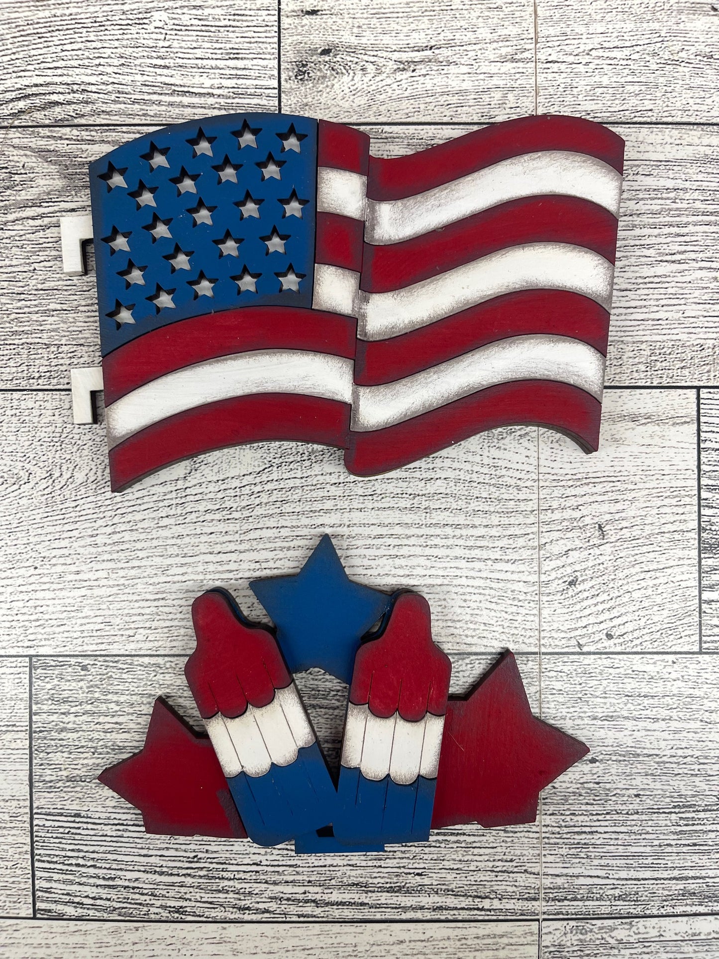 $12.00 Thursday - Goose with 2 Changeable Flags and 2 Basket inserts and basket painted cutouts ready for you to finish
