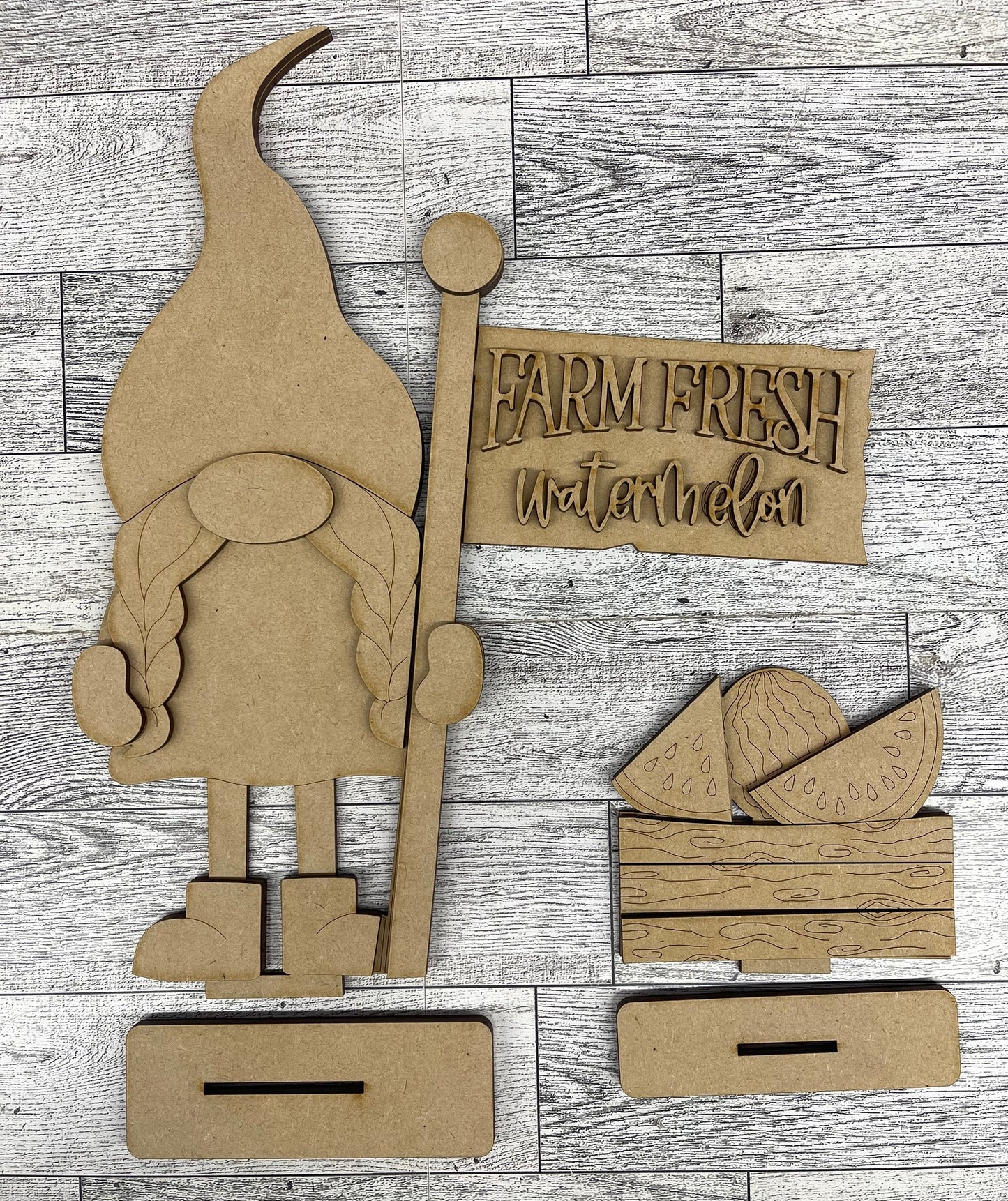 $12.00 Thursday - Gnome with 2 Changeable Flags and 2 Basket inserts and basket painted cutouts ready for you to finish