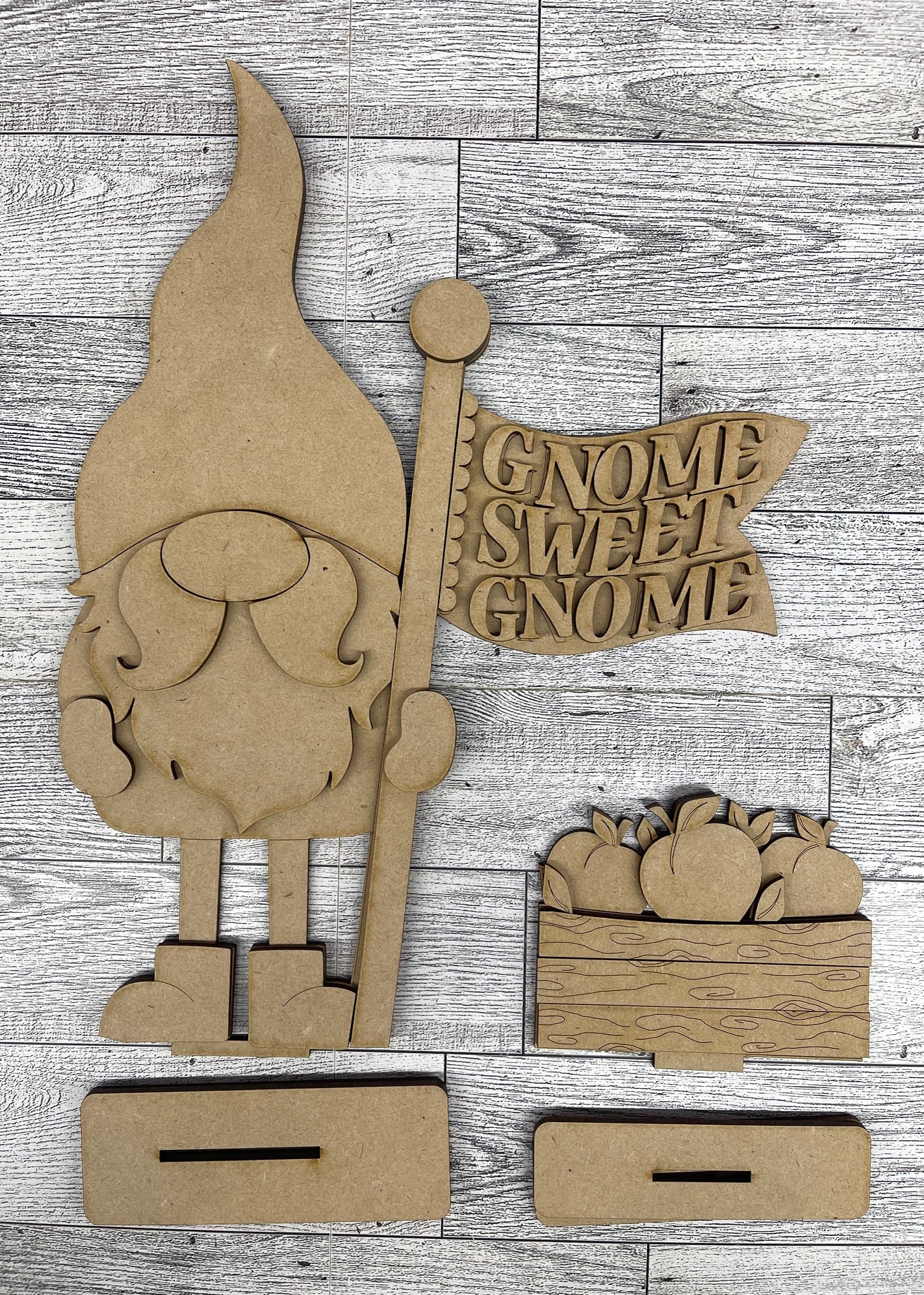 $12.00 Thursday - Gnome with 2 Changeable Flags and 2 Basket inserts and basket painted cutouts ready for you to finish