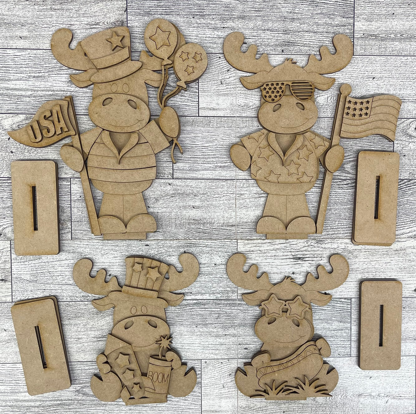 Patriotic Moose Standers - unpainted wooden cutouts, ready for you to paint