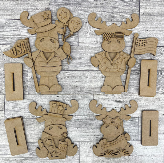 Patriotic Moose Standers - unpainted wooden cutouts, ready for you to paint