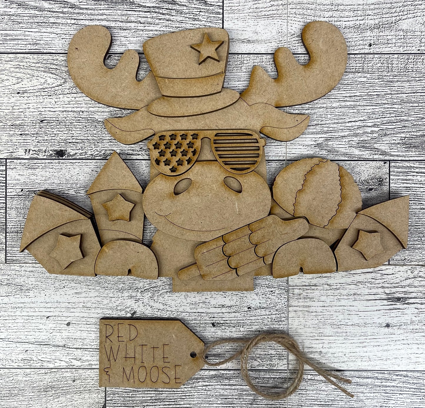 Patriotic Moose Basket Insert Add-On - unpainted wood cutouts, ready for you to paint