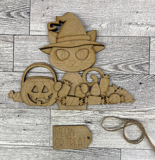 Halloween Cat Basket Insert - unpainted wood cutouts, ready for you to paint