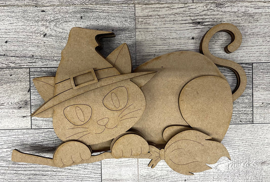 Large Halloween Cat Shelf Sitters hanging over shelf - unpainted wooden cutouts, ready for you to paint