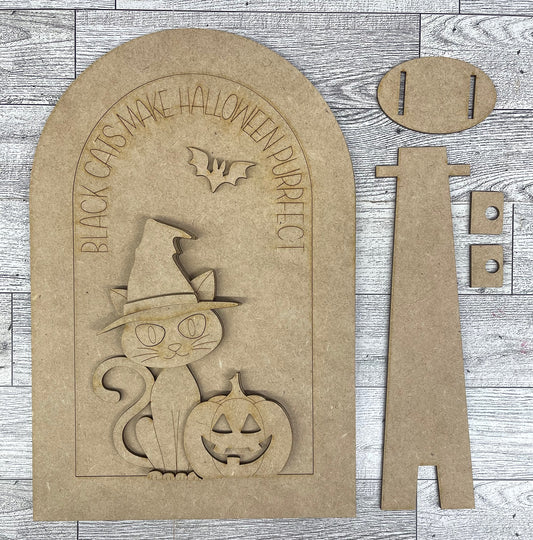 Halloween Cat Arch and Frame cutouts - unpainted wooden cutouts, ready for you to paint