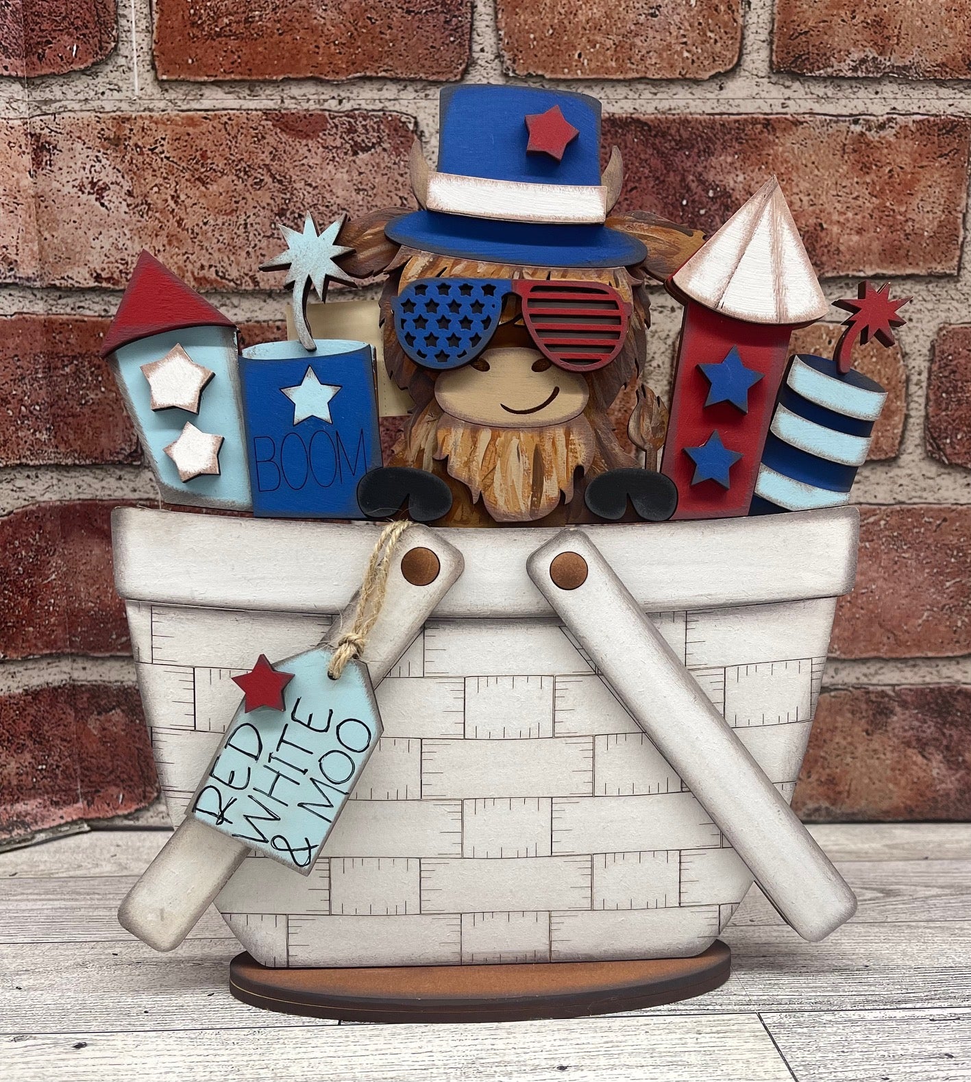 Painted Patriotic Highland Cow in Basket