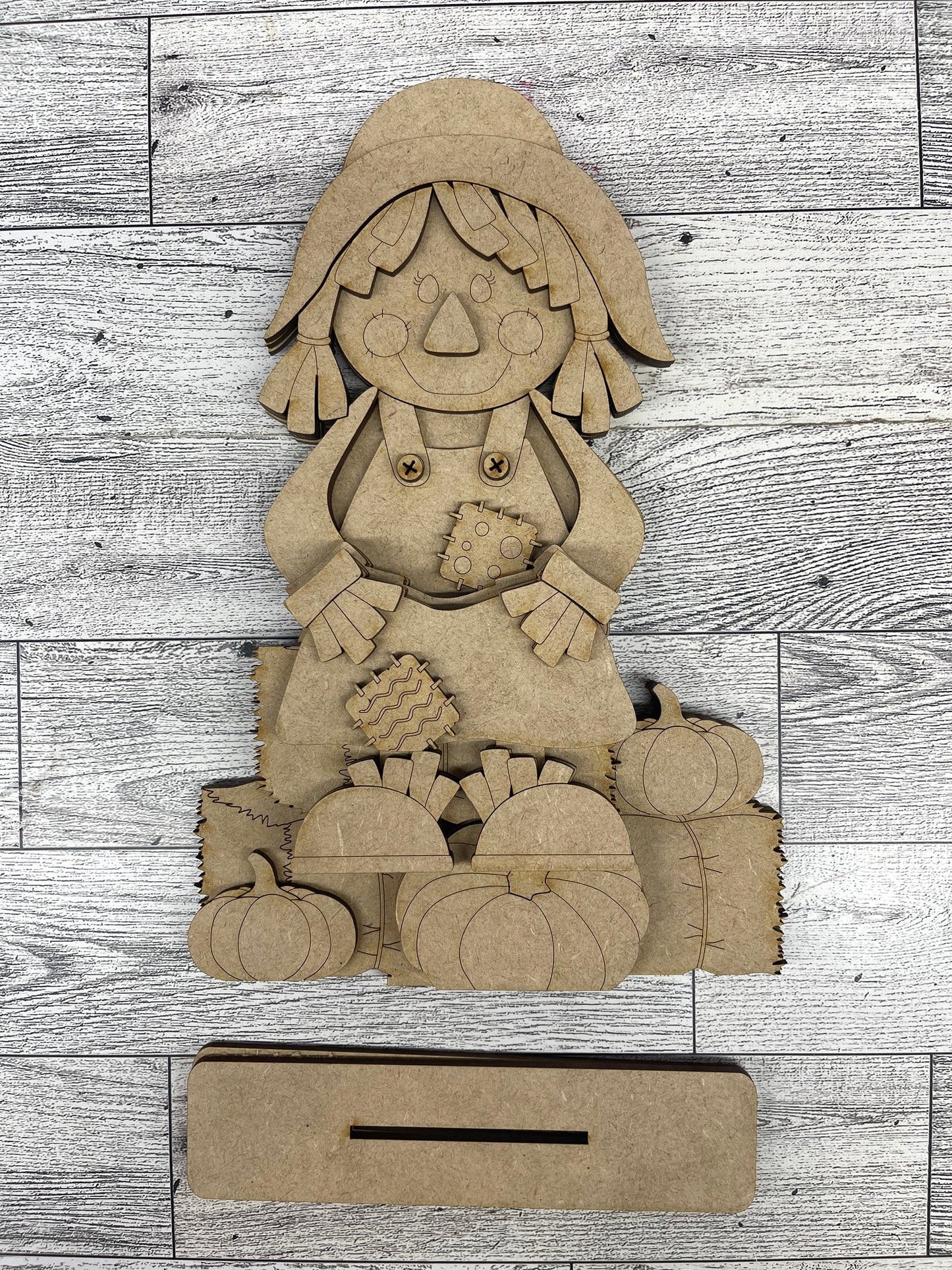 $5.00 or 12.00 Tuesday - Scarecrow Boy or Girl Shelf Sitters with Hay unpainted cutouts ready for you to finish