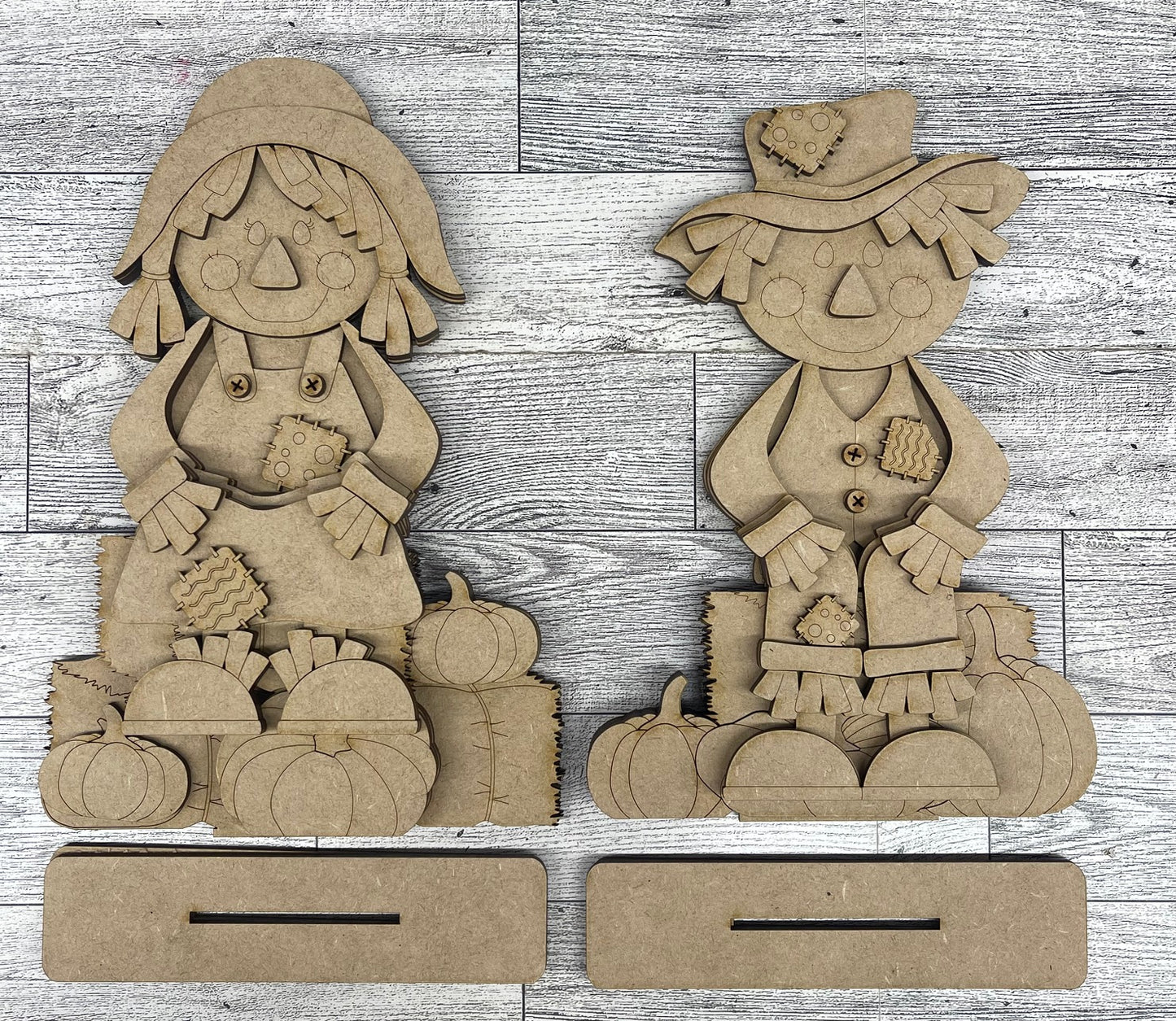 $5.00 or 12.00 Tuesday - Scarecrow Boy or Girl Shelf Sitters with Hay unpainted cutouts ready for you to finish