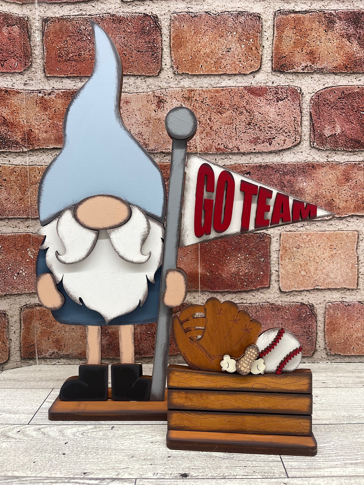 $12.00 Thursday - Gnome with 2 Changeable Flags and 2 Basket inserts and basket painted cutouts ready for you to finish
