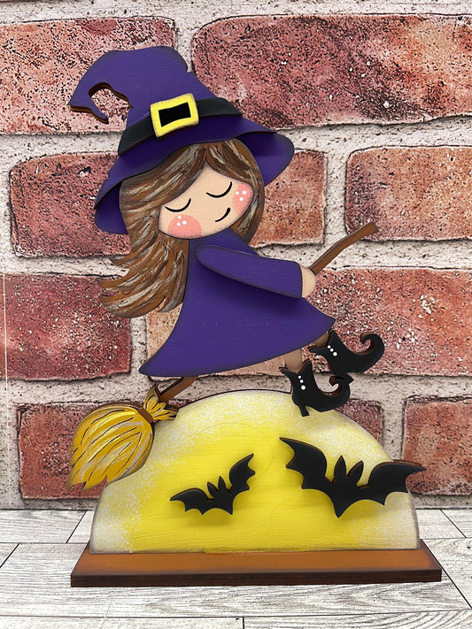 Halloween Flying Witch Sitter - unpainted wooden cutouts, ready for you to paint