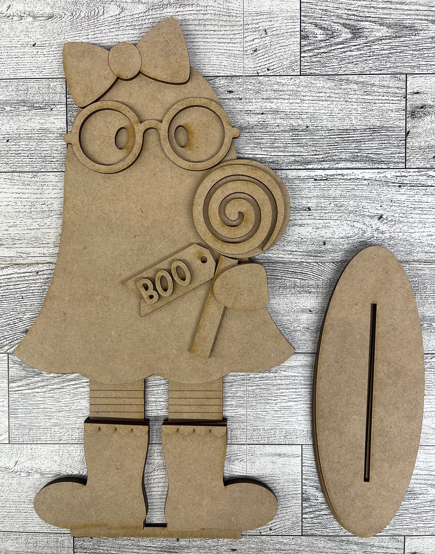 Halloween Ghost Stander with Lollipop - unpainted wooden cutouts, ready for you to paint