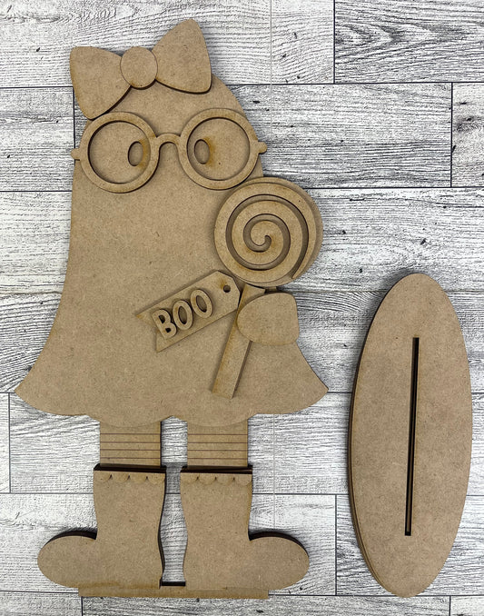 Halloween Ghost Stander with Lollipop - unpainted wooden cutouts, ready for you to paint