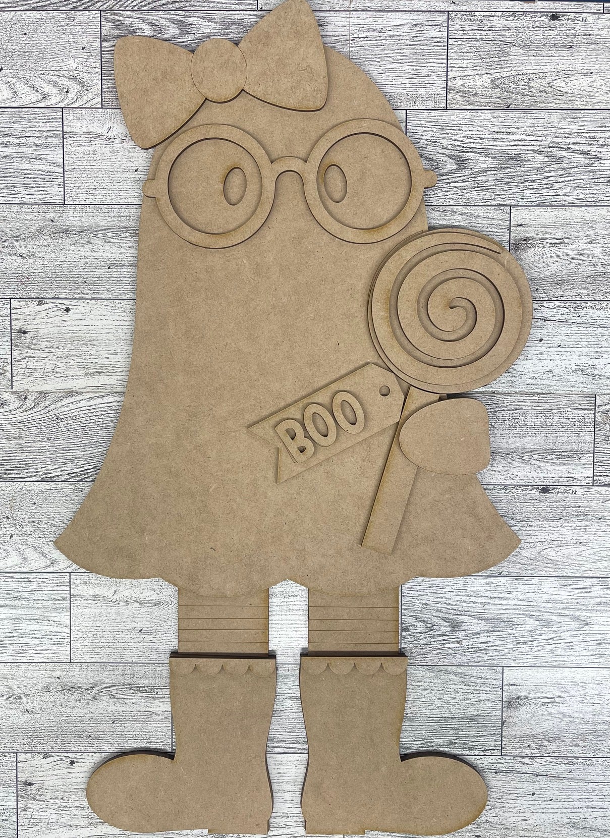 Halloween Ghost Stander with Lollipop - unpainted wooden cutouts, ready for you to paint