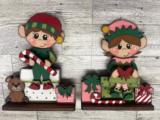 Boy and Girl Elf Shelf Sitters and Presents to sit or Couch - unpainted wood cutouts, ready for you to paint