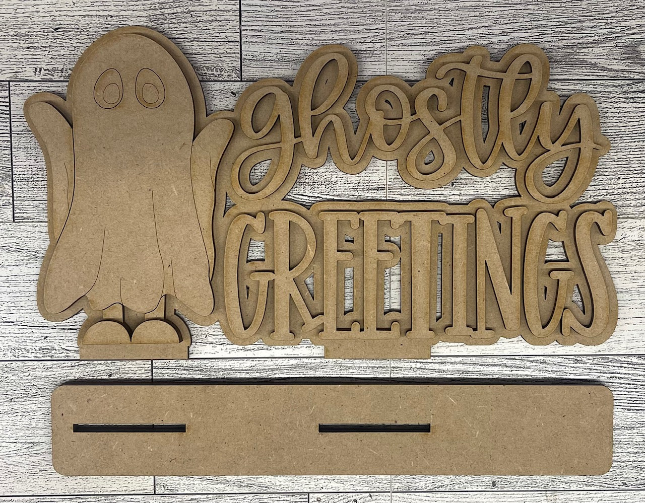 Halloween Ghostly Greetings Stander - unpainted wooden cutouts, ready for you to paint