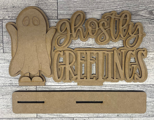 Halloween Ghostly Greetings Stander - unpainted wooden cutouts, ready for you to paint