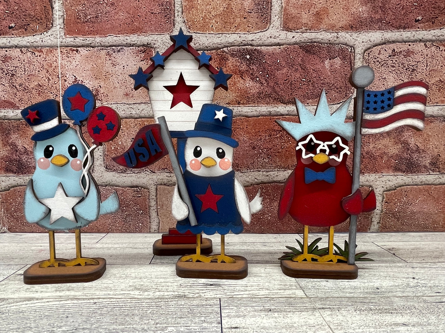 Patriotic Bird and Birdhouse Standers - set of 4 - unpainted wooden cutouts, ready for you to paint