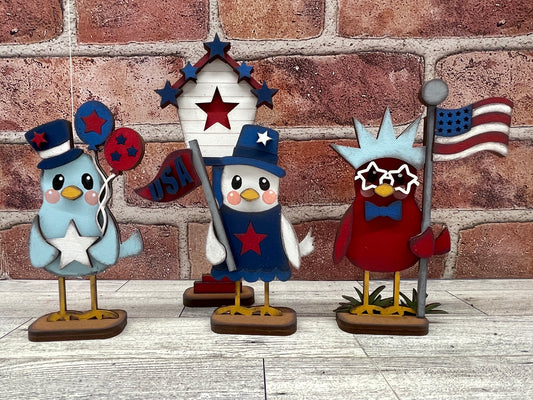 Patriotic Bird and Birdhouse Standers - set of 4 - unpainted wooden cutouts, ready for you to paint