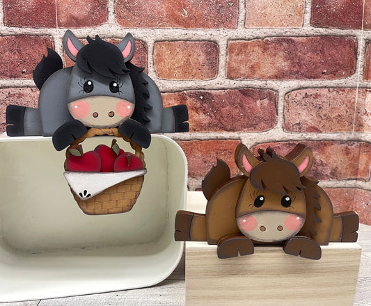 Horse Shelf Sitters hanging over shelf - set of 2 - unpainted wooden cutouts, ready for you to paint