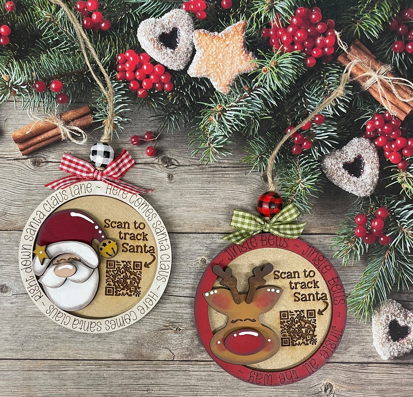 Santa or Reindeer Scan to Track Santa Ornaments partially painted cutouts