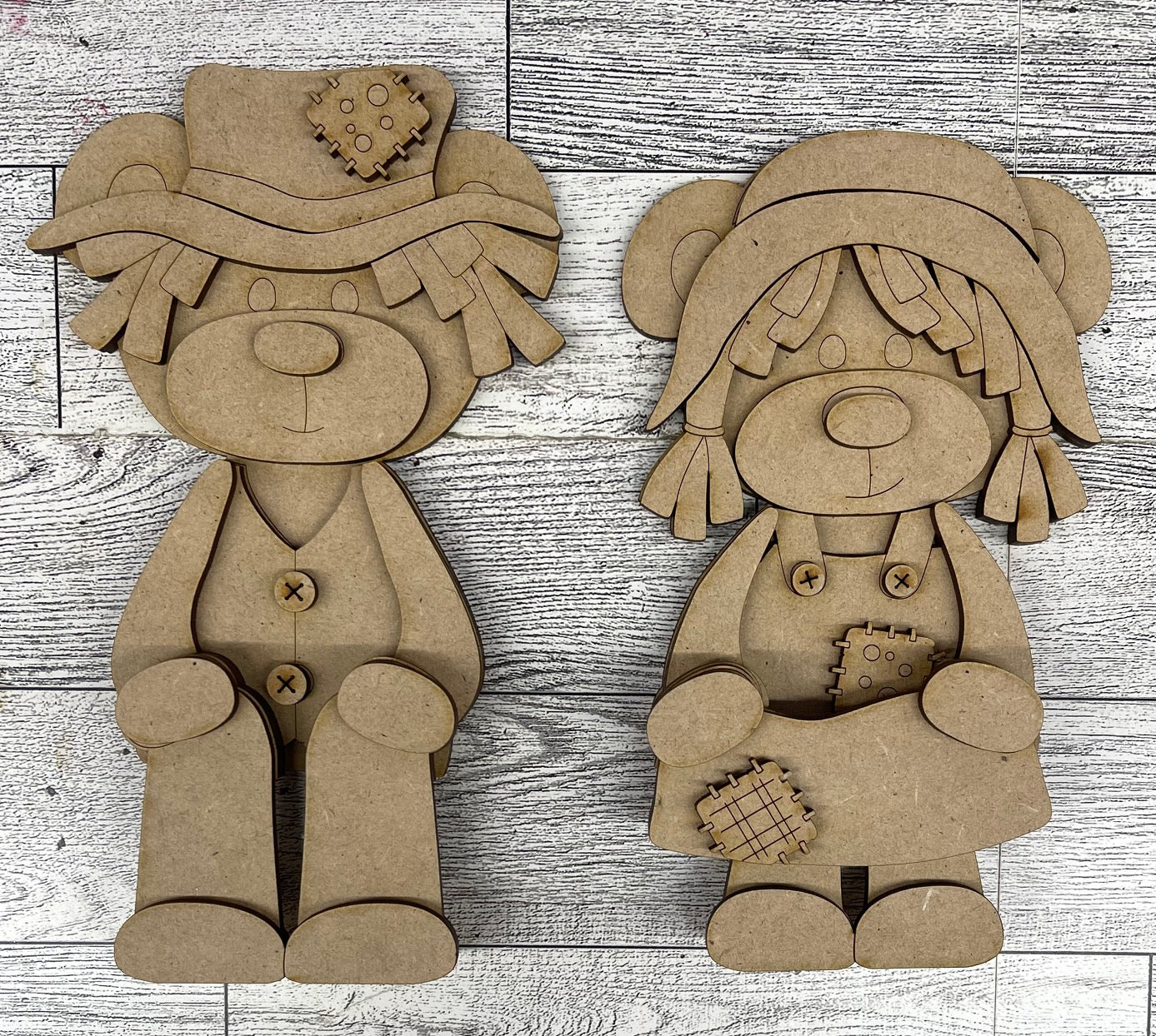 Fall Scarecrow Bear Shelf Sitters - set of 2 - unpainted wooden cutouts, ready for you to paint