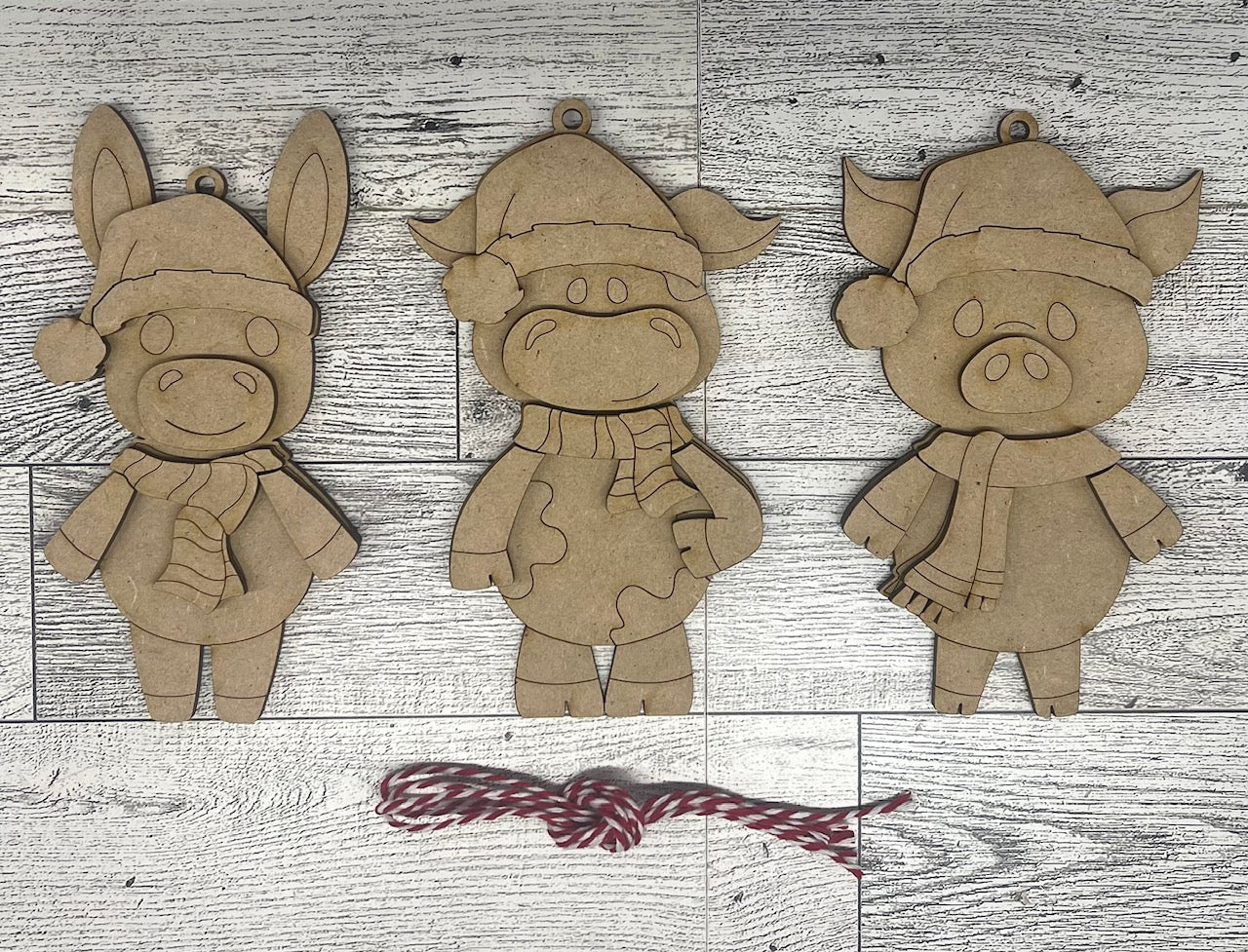 2026 1st Day of Christmas in July - Donkey, Cow & Pig Ornaments - unpainted cutouts, ready to paint