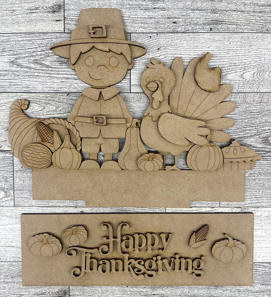 Thanksgiving Pilgrim & Turkey Window Insert - for Changeable Window Box unpainted wood cutouts, ready for you to paint