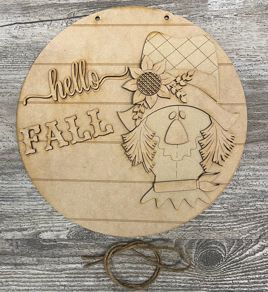 Scarecrow Door Sign Kit, Hello Fall DIY Kit - unpainted wood cutouts