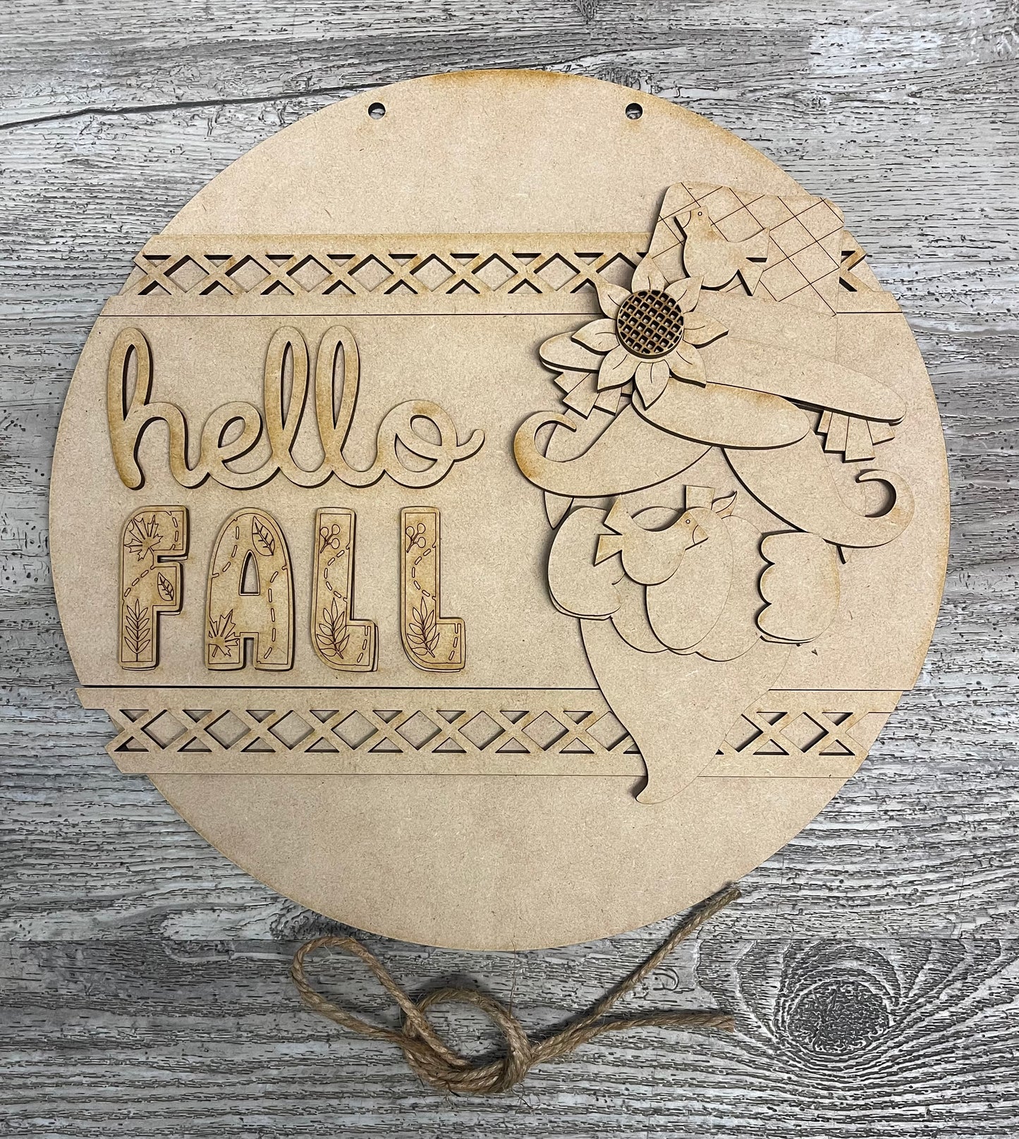 Scarecrow Gnome Door Sign Kit, Hello Fall DIY Kit - unpainted wood cutouts