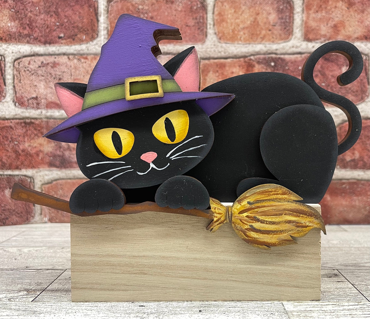 Large Halloween Cat Shelf Sitter hanging over shelf - unpainted wooden cutouts, ready for you to paint