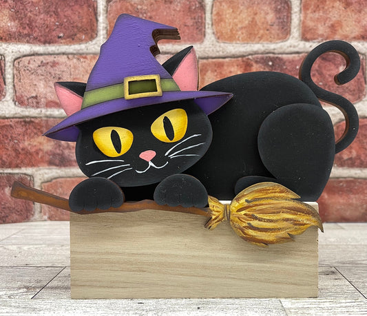 Large Halloween Cat Shelf Sitter hanging over shelf - unpainted wooden cutouts, ready for you to paint