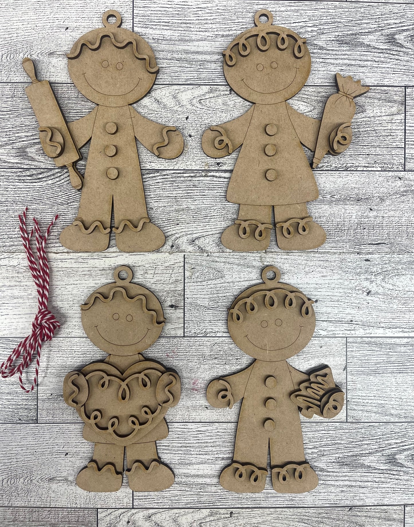 Gingerbread Ornaments 2026 Set of 4 - unpainted wooden cutouts, ready for you to paint