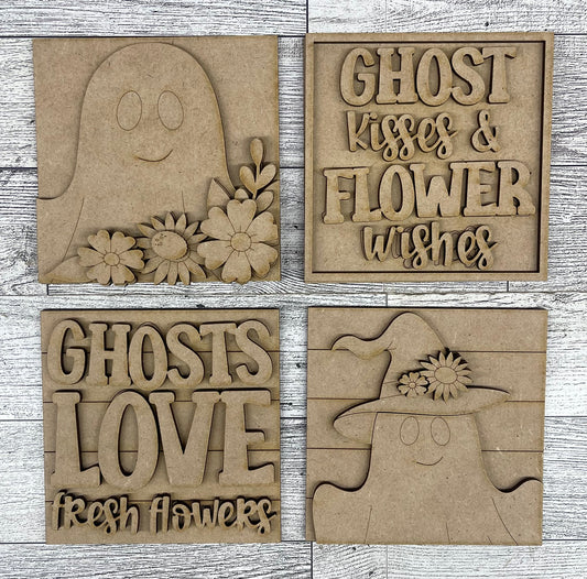 Halloween Ghost with Flowers Leaning Ladder Blocks - set of 4 - unpainted ready for you to finish