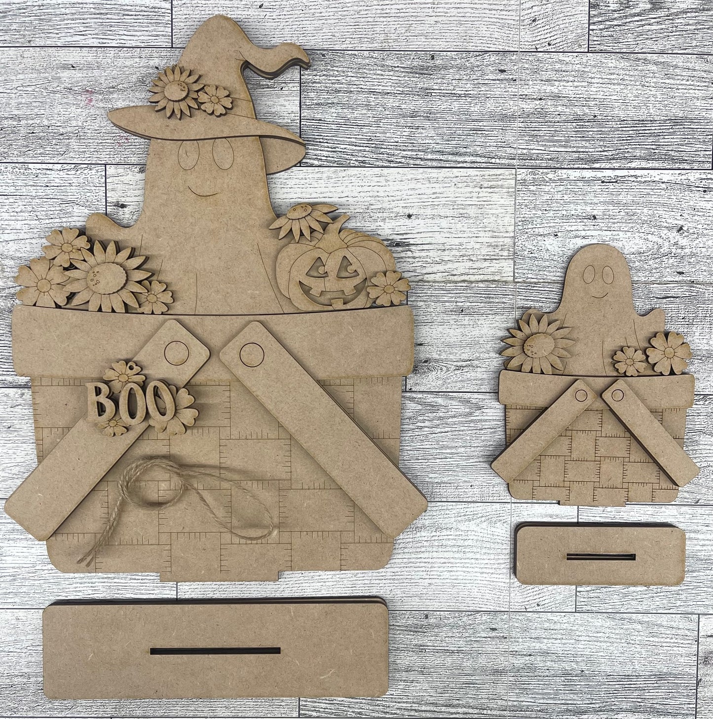 Halloween Ghost with Flowers Basket Inserts - unpainted wood cutouts, ready for you to paint