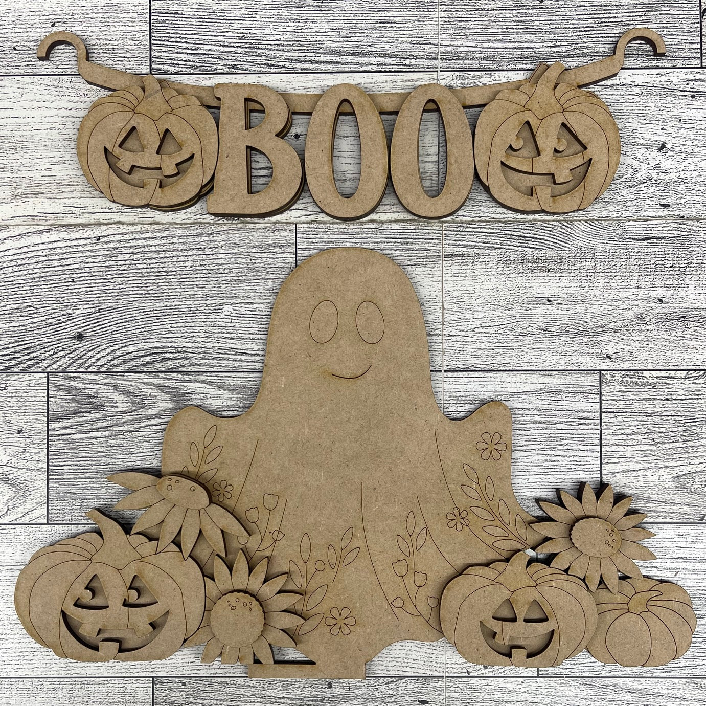 Halloween Ghost with Flowers 2026 Insert for Picket Fence unpainted wood cutouts, ready for you to paint