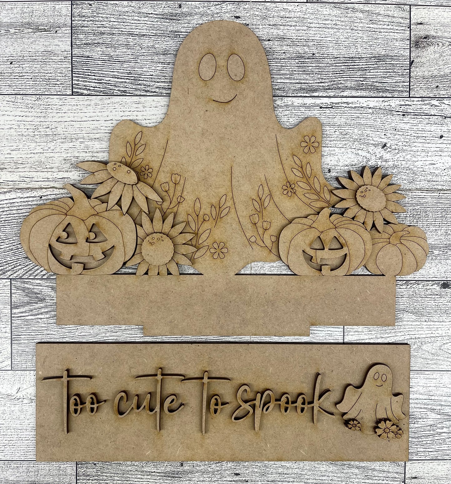 Ghost with Flowers 2026 Insert for Window - unpainted wood cutouts, ready for you to paint