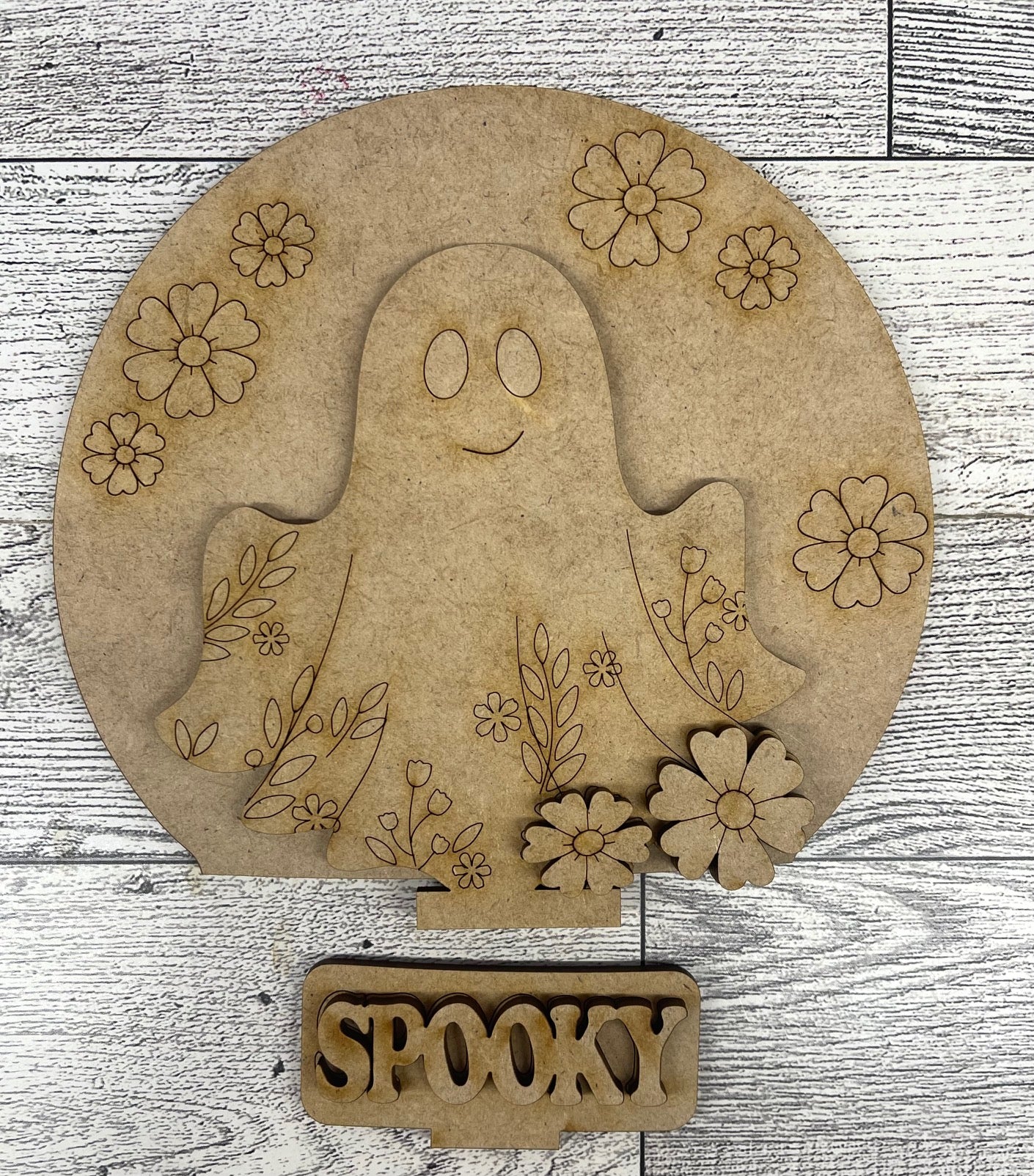 Ghost with Flowers Beaded Globe Insert Add-On - unpainted wood cutouts, ready for you to paint