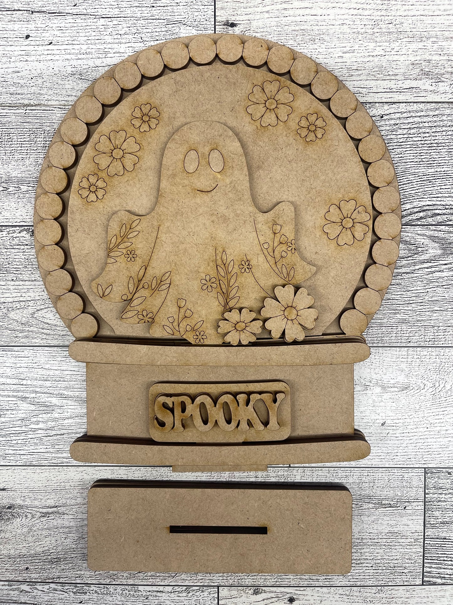 Ghost with Flowers Beaded Globe Insert Add-On - unpainted wood cutouts, ready for you to paint