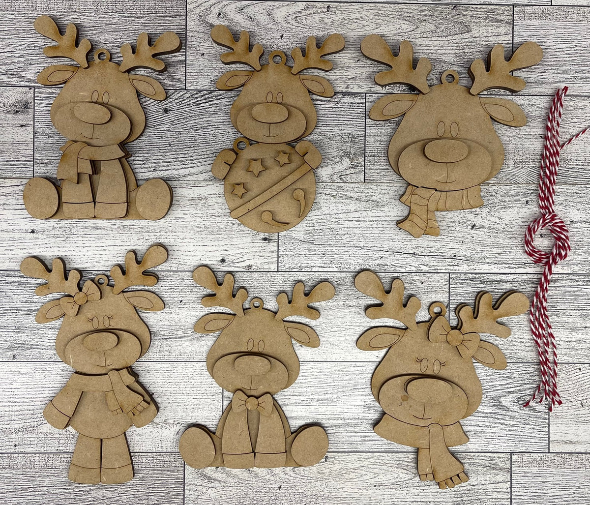 Reindeer Ornaments Set of 6 - 2026 - unpainted wooden cutouts, ready for you to paint
