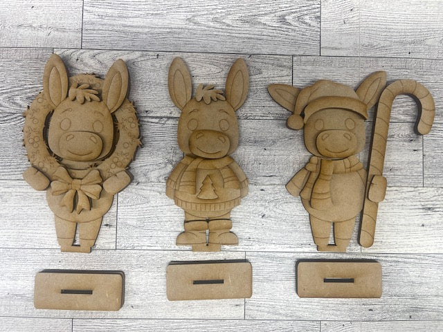 Donkey Christmas Standers - Set of 3 - 2026 - unpainted wooden cutouts, ready for you to paint