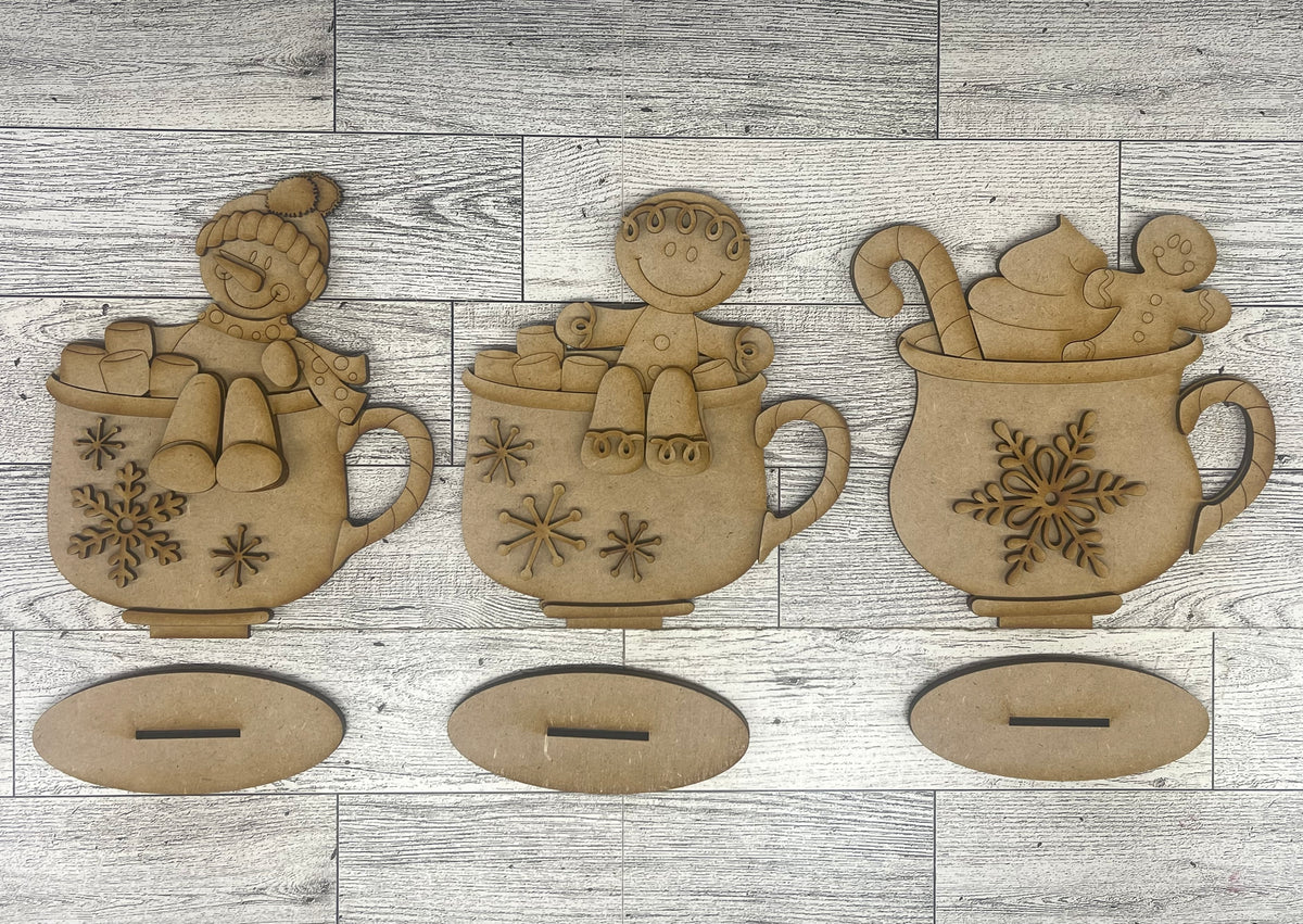 Hot Cocoa Mugs with Gingerbread Men and Snowman Standers - set of 3 - unpainted wooden cutouts, ready for you to paint