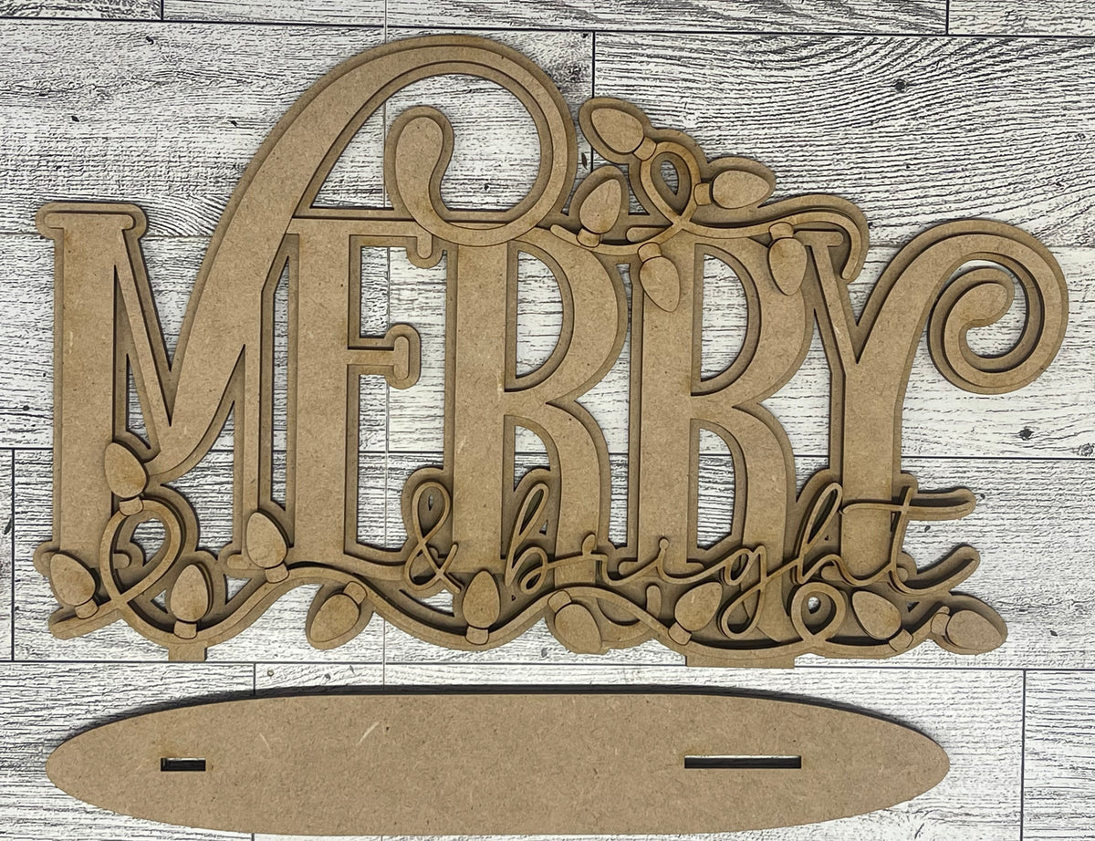 Merry and Bright Word Stander 2026 - unpainted wood cutouts, ready for you to paint