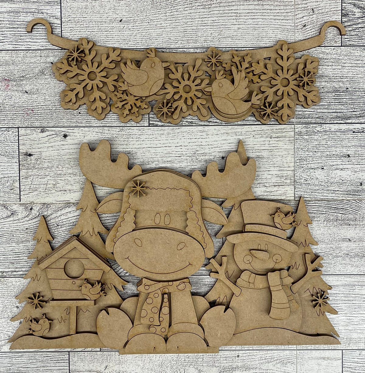Winter Woodland Moose and Snowman 2026 Insert for Picket Fence unpainted wood cutouts, ready for you to paint