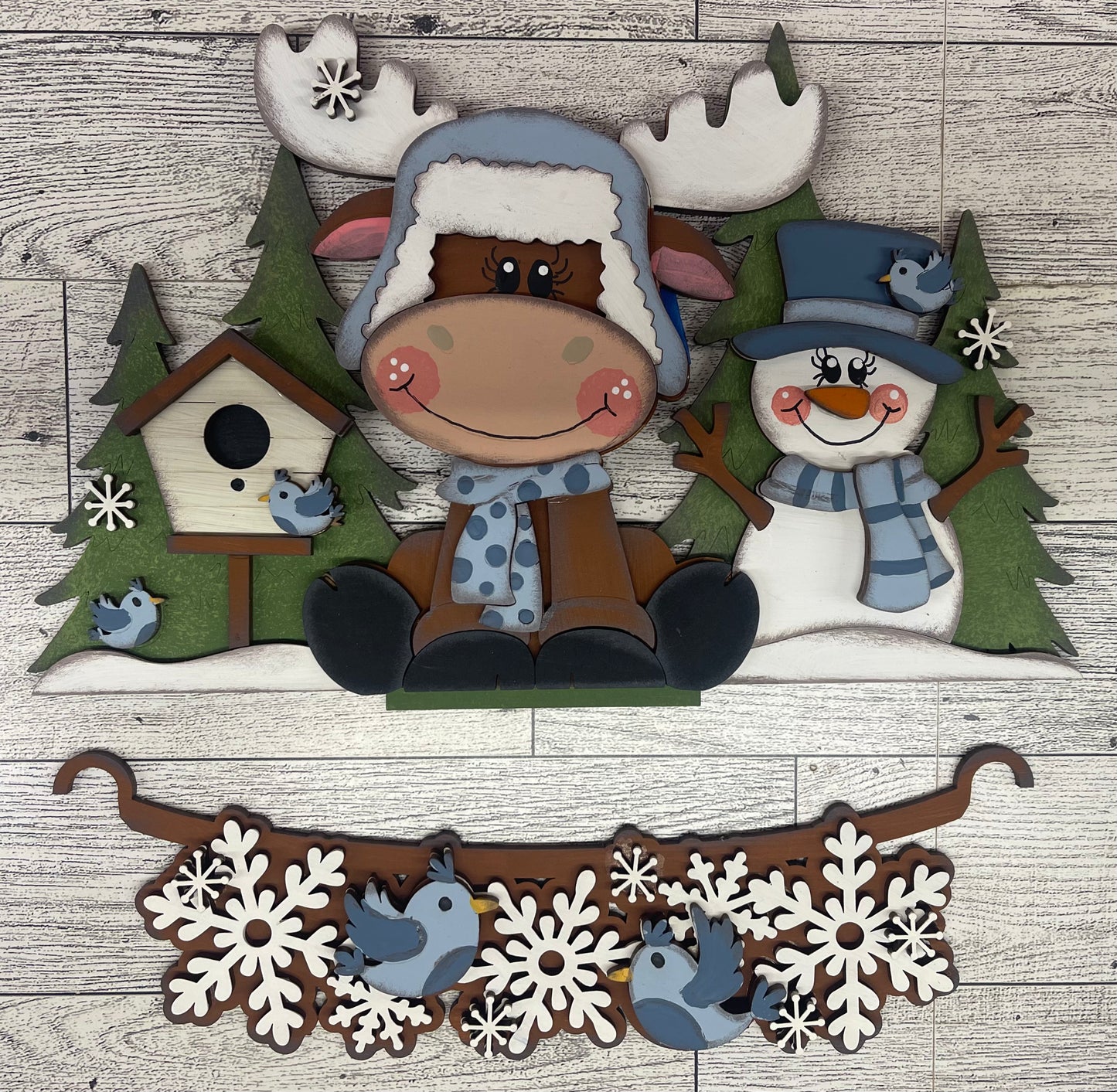 Winter Woodland Moose and Snowman 2026 Insert for Picket Fence unpainted wood cutouts, ready for you to paint