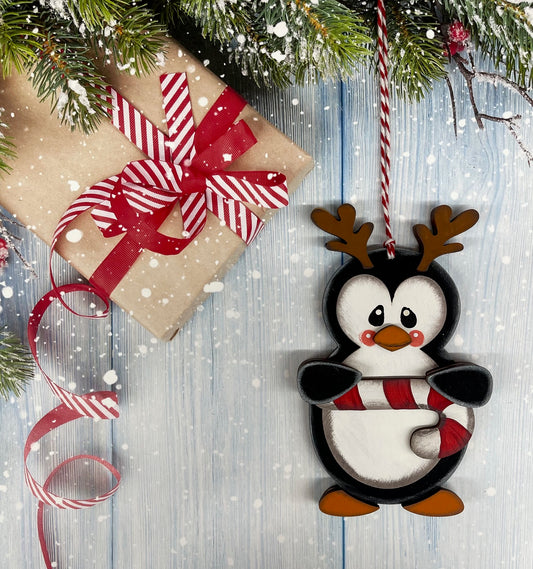 Painted Penguin with Reindeer Antlers & Candy Cane Ornament